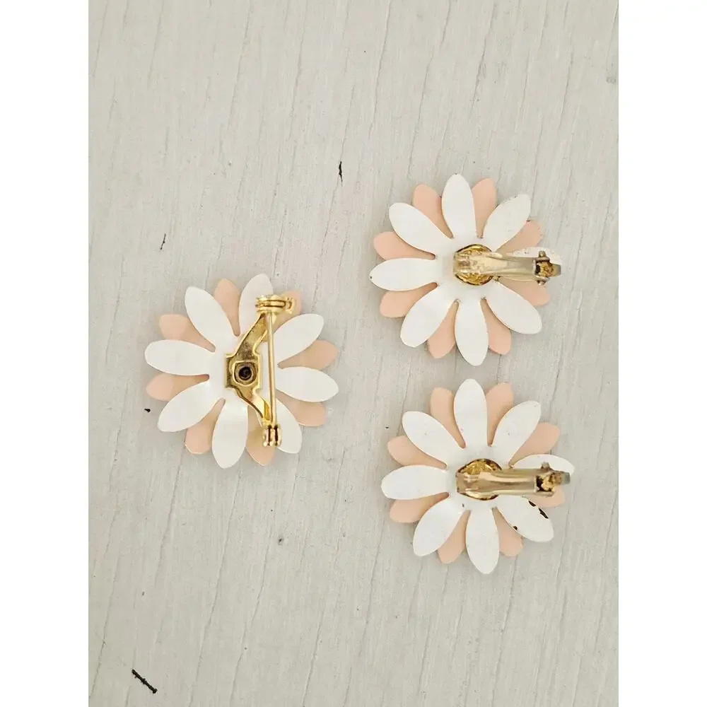 Blush Pink and White Layered Enamel Metal Flower Brooch and Earring Set